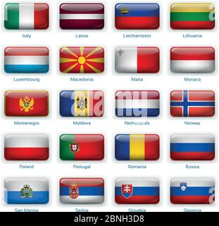 Button flags Europe two. Vector illustration. 3 layers. Shadows, flat flag you can use it separately, button. Collection of 220 world flags. Accurate colors. Easy changes. Stock Vector