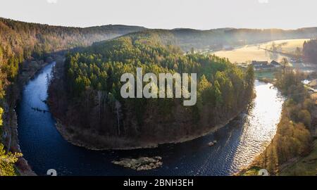 Vltava horseshoe river near ruin Divci kamen at sunrise. Czech republic Stock Photo