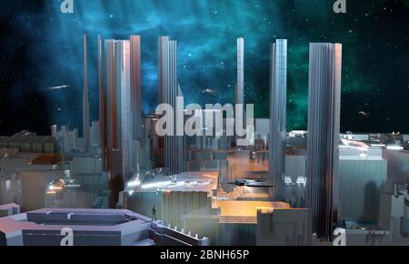 Man looking on landing spaceship in modern sci-fi industrial city with colorful nebula in background. 3D illustration Stock Photo