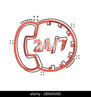 Phone service 24/7 icon in comic style. Telephone talk cartoon vector illustration on white isolated background. Hotline contact splash effect busines Stock Vector