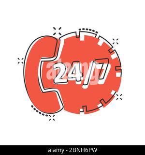 Phone service 24/7 icon in comic style. Telephone talk cartoon vector illustration on white isolated background. Hotline contact splash effect busines Stock Vector