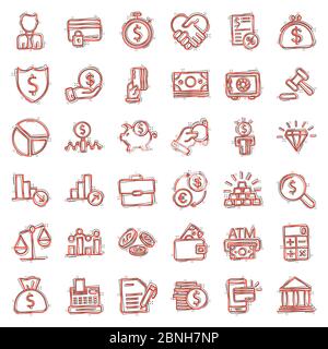 Business thin line icon set in comic style. Finance investment cartoon vector illustration on white isolated background. Financial currency splash eff Stock Vector