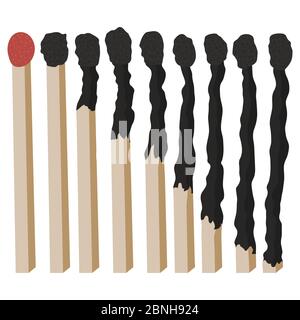 Burned matches row in flat style. Business concept. Isolated vector illustration. Stock Vector