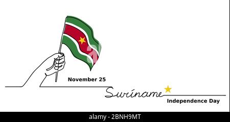 Suriname Independence Day vector flag background. One continuous line drawing concept with hand, Suriname flag,lettering Stock Vector