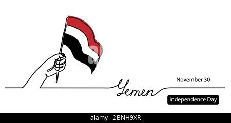 Yemen Independence Day vector flag background. One continuous line drawing concept with hand, flag, Yemen lettering Stock Vector