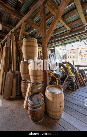 Interior of coopers workshop in in Waidhofen an der Ypps, still producing wooden Barrels for any purpose Stock Photo