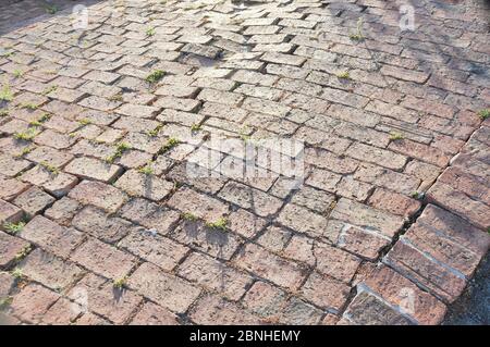 Subsiding or collapsing uneven red brick paving on unstable ground Stock Photo
