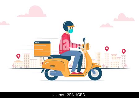 Vector illustration of a delivery man, wearing a mask because of coronavirus, delivering an order on a motorcycle Stock Photo