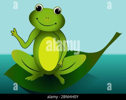 Cute smile green frog sitting on leaf with pond and sky. Simple vector illustration Stock Vector