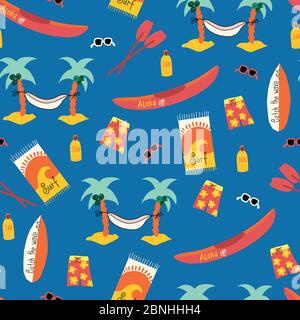 Seamless vector pattern with Palm tree hammock, surfboard, canoe, boardshorts, beach towels, sunglasses, suntan lotion. Repeating beach day background Stock Vector