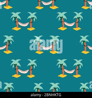 Seamless pattern with hammock between coconut palm trees. Repeating summer background.  Stock Vector