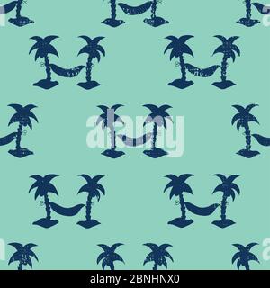 Hammocks between palm trees seamless vector pattern. Silhouettes of textured coconut palm trees blue on turquoise. Retro grunge style. Stock Vector