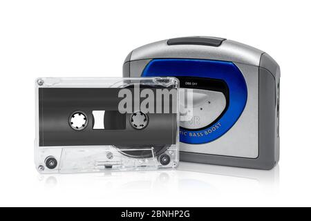 Walkman cassette player and cassette isolated on white background Stock Photo
