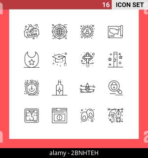 Pack of 16 creative Outlines of bib, usa, line, united, map Editable Vector Design Elements Stock Vector