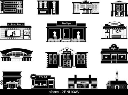 Shops, markets and others municipal buildings. Monochrome urban vector illustrations Stock Vector