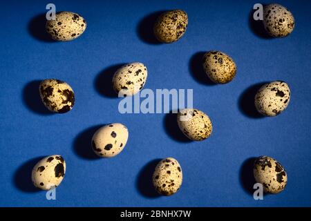 Creative quail egg layout on blue background. Quail eggs pattern. Happy easter concept. Minimal design. Copy space, flat lay, from above. Trendy color Stock Photo