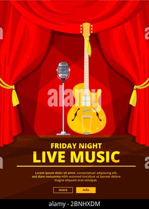 Poster invitation at live music concert. Vector picture of retro microphone and acoustic guitar Stock Vector