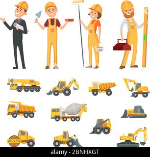 Male and female characters of builders and different illustrations of construction equipment, machines Stock Vector