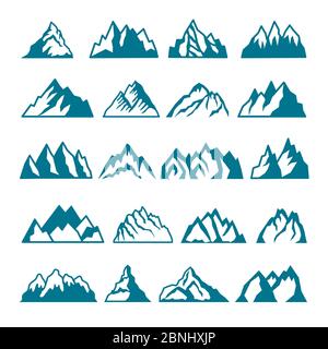 Monochrome pictures set of different mountains. Vector collections for labels design Stock Vector