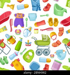 Vector seamless pattern with different elements for newborns Stock Vector