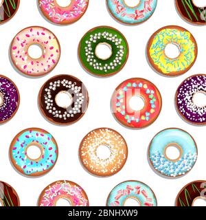 Vector seamless pattern with tasty foods. Desserts with glaze donuts and cakes Stock Vector