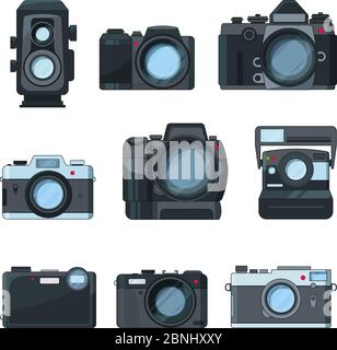 Dslr photo cameras. Vector set in cartoon style Stock Vector