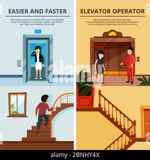 Banners set of different modern stairs and elevators. Hall of motel with wood lift Stock Vector