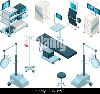 Isometric illustrations of medical equipment in operating room. Hospital pictures set Stock Vector