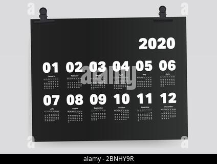 Calendar 2020 Planner on Black Paper A4 Template Stock Vector