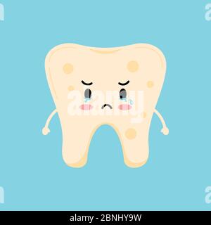 Sad tooth emoji with yellow plaque icon isolated on blue background. Stock Vector