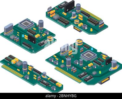 Different computer boards with semiconductors, capacitor and chips Stock Vector