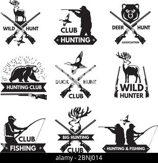 Duck, bear, deer and other animals for hunting. Monochrome labels set with place for your text Stock Vector