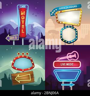 Set of retro illustrations of landscape with lighting neon banners for advertise. Board for motel and shop Stock Vector