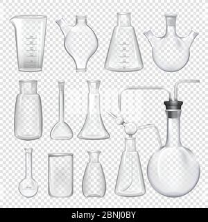 Equipment for chemical laboratory. Different vials and jars. Vector realistic illustrations Stock Vector