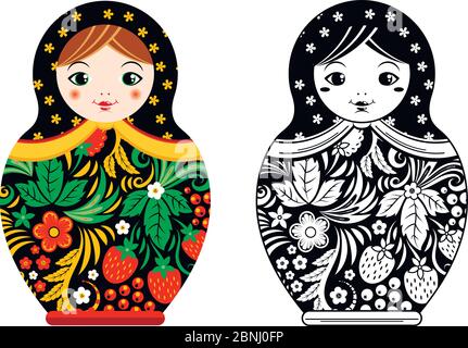 Retro russian doll. Matryoshka painted at khokhloma style. Vector linear and colored pictures Stock Vector