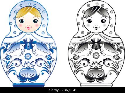 Vector pictures of russian matryoshka painted at gzhel style. Colored and linear illustrations Stock Vector