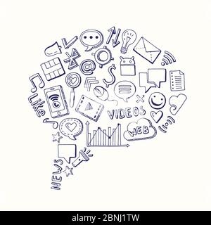 Vector social media hand drawn elements gathered in form of speech bubble Stock Vector