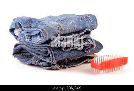 Blue jeans for kids isolated with a red brush Stock Photo