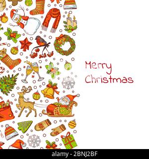 Vector hand drawn colored christmas elements with santa, xmas tree, gifts and bells Stock Vector