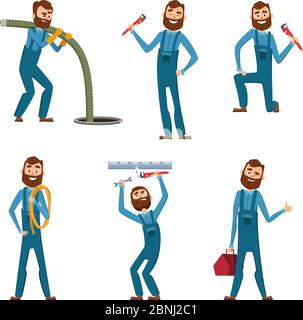 Funny character of repairman or plumber in different poses. Vector mascot design Stock Vector