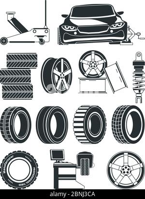 Monochrome illustrations of tires service symbols, wheels and cars Stock Vector