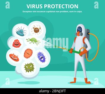 Concept illustration of viruses protection. Character in special clothing poisons microbes Stock Vector