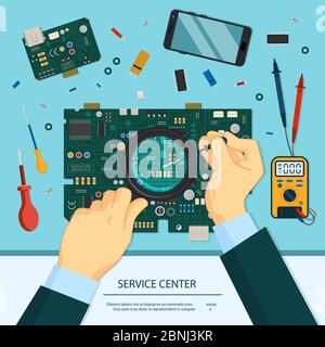 Concept illustration of technician service. Hands with magnifying glass and a soldering iron. Motherboard repair Stock Vector
