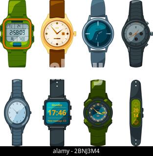 Classic and sport hand watches for men and women. Pictures in cartoon style Stock Vector