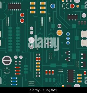 Seamless pattern of electronic circuit with diodes, chips and transistors Stock Vector