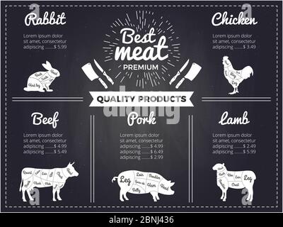 Hand drawn illustrations of domestic animals. Design template of menu for butcher shop. Pictures on black chalkboard Stock Vector
