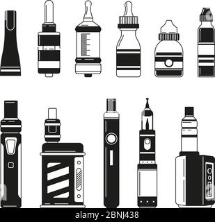 Electronic cigarettes and bottles for smoking club or shop. Vector monochrome pictures Stock Vector