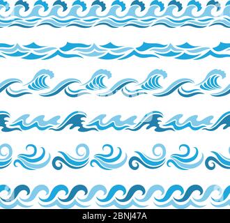Horizontal seamless patterns with stylized blue waves Stock Vector