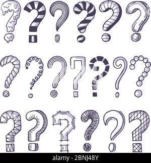 Monochrome pictures set of question marks. Doodle pictures isolate on white Stock Vector