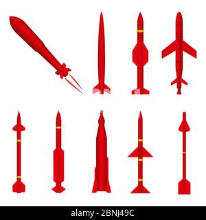 Set of military Missile on white background different forms and red colors it is powerful and terrible weapon. Stock Vector